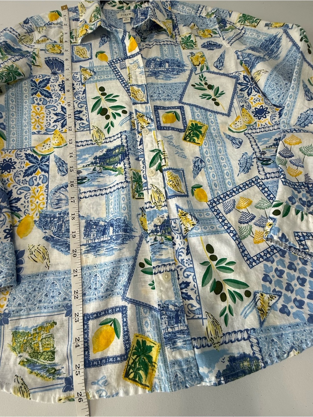 J.Crew Linen Blend Blue Tile Lemon Dolce Vita Amalfi Print Shirt Women M - Picture 10 of 10